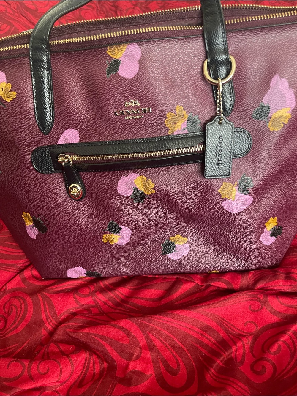 Coach Floral Print Burgundy Leather Tote with Black Trim